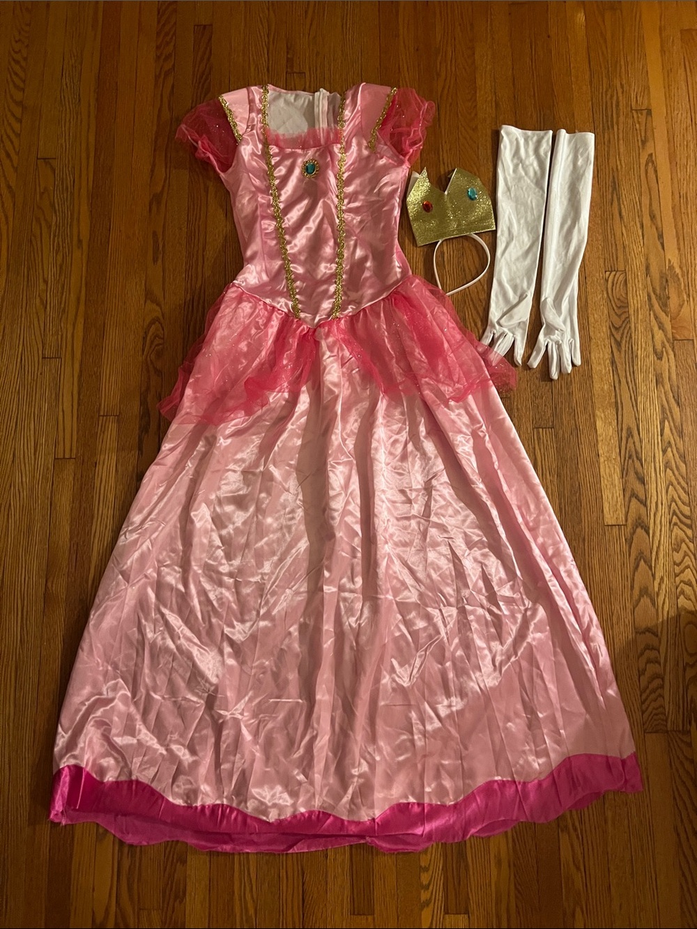 Adult Princess Peach Costume Dress with Crown and Gloves